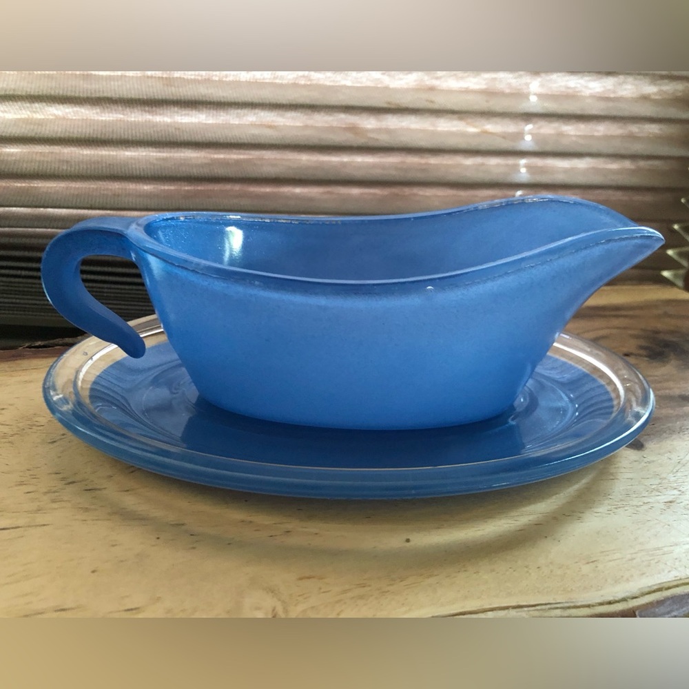 Vintage 60s Blue Spray Ware by Phoenix Pyrex Gravy Boat and Under Plate Canada